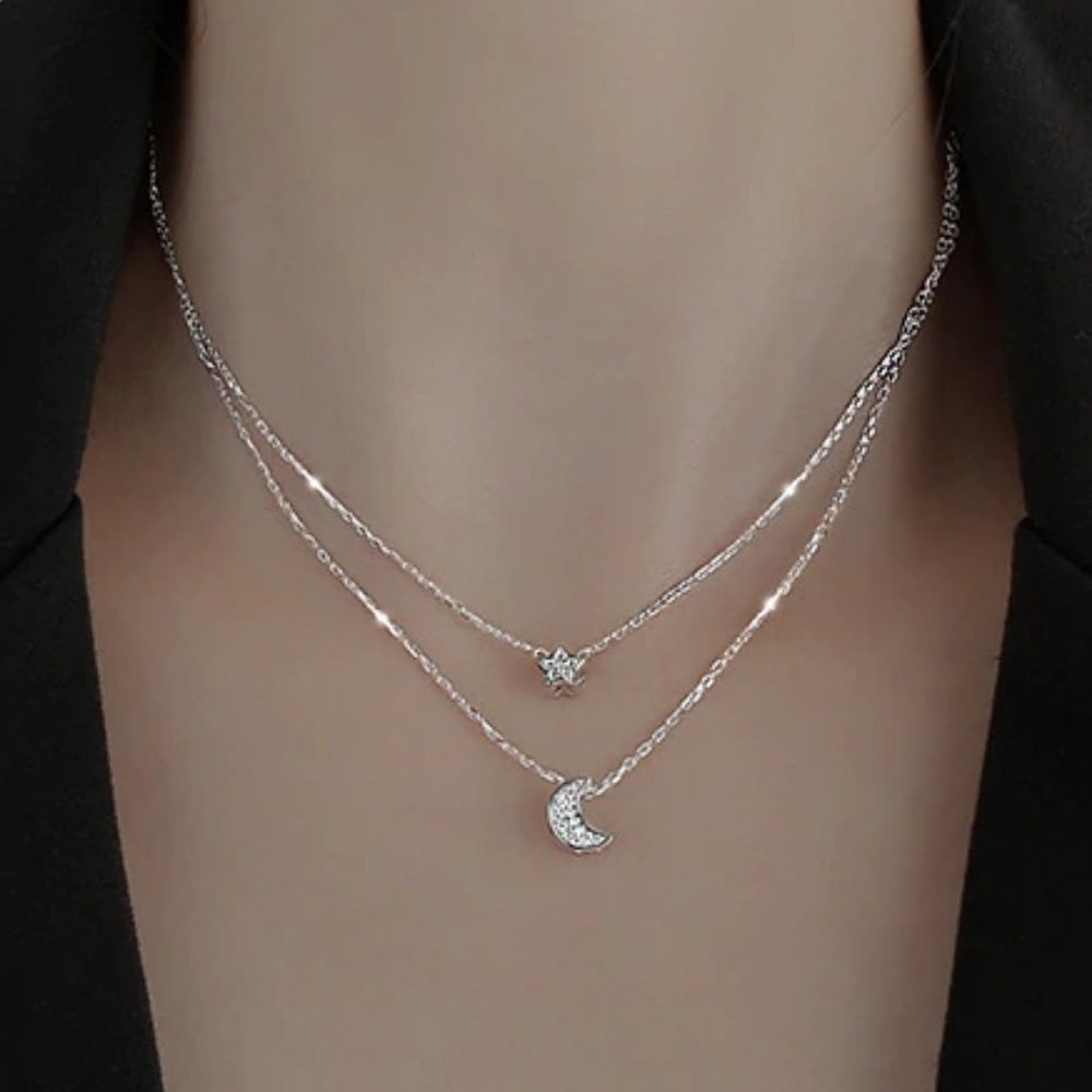 *925 Sterling Silver Diamond Moon Star Necklace